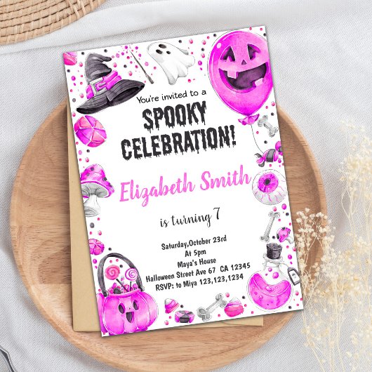 Invitation à la fête d'anniversaire rose d'Hallowe