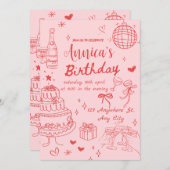 Invitation à la fête d'anniversaire rose et rouge (Devant / Derrière)