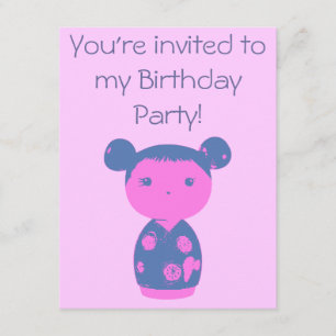Invitation à la fête d'anniversaire rose Kokeshi B
