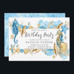 Invitation à la fête d'anniversaire Sea Blue Gold<br><div class="desc">Personnalisez l'invitation Under the Sea Blue and Gold Birthday Party Invitation avec hippocampes,  étoiles de mer,  coquillages et récifs coralliens. Pour une personnalisation plus avancée de ce design,  veuillez cliquer sur le bouton "Customiser" ci-dessus! Des éléments correspondants sont également disponibles.</div>