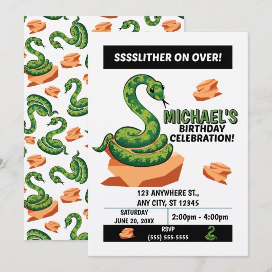 Invitation à la fête d'anniversaire serpent (Devant / Derrière)