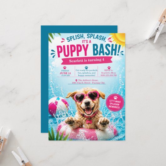 Invitation à la fête d'anniversaire Splash avec de (Devant/Arrière en situation)