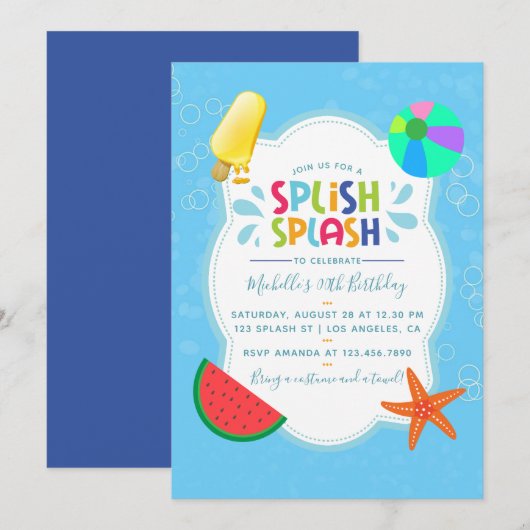 Invitation à la fête d'anniversaire Splish Splash (Devant / Derrière)