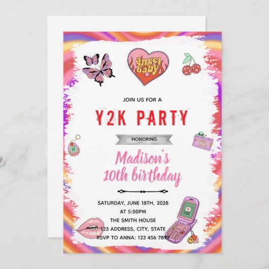 Invitation à la fête d'anniversaire Y2K (Devant / Derrière)