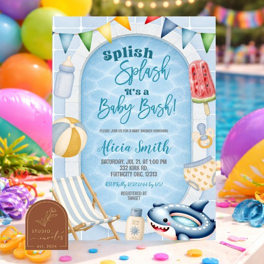 Invitation à la fête de Baby Shower garçon piscine