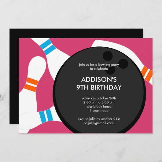Invitation à la fête de Bowling - Pink (Devant / Derrière)
