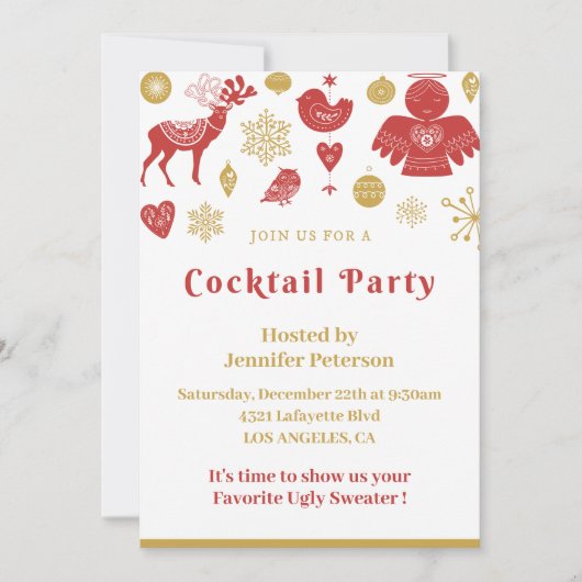 Invitation à la fête de cocktail de Noël Or Rouge (Devant)