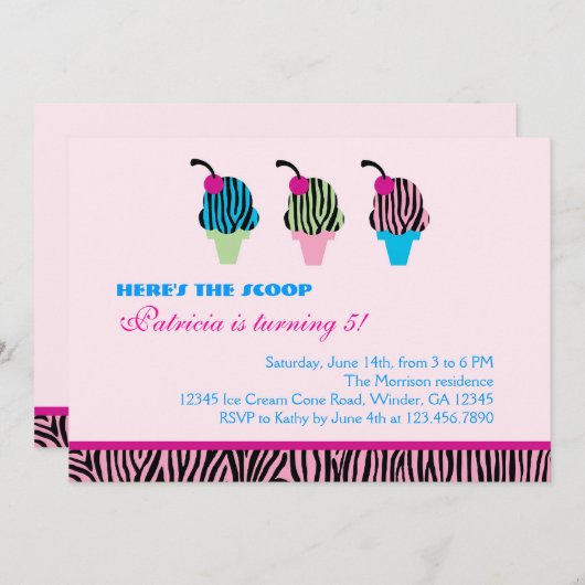 Invitation à la Fête de Crème de glace Zebra Print (Devant / Derrière)