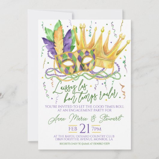 Invitation à la fête de fiançailles de Mardi Gras (Devant)
