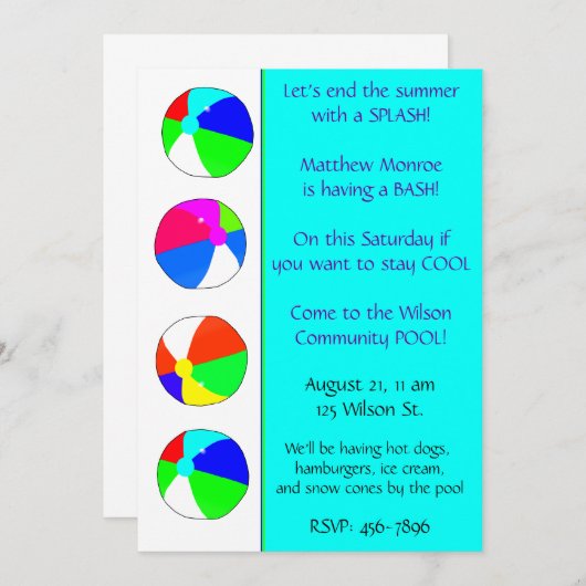 Invitation à la fête de la piscine bleue (Devant / Derrière)