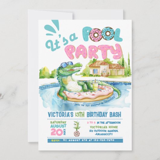 Invitation à la fête de la piscine de Donut croco (Devant)