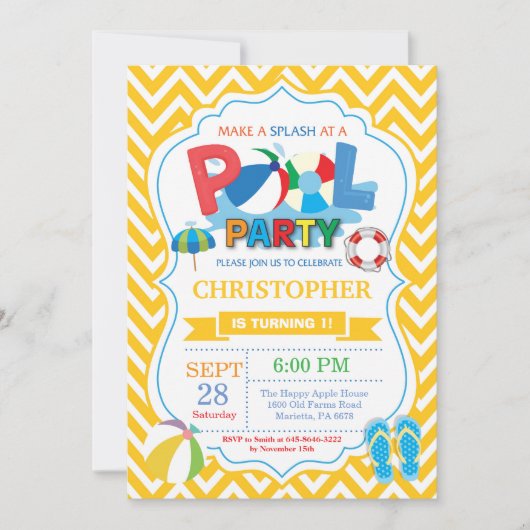 Invitation à la fête de la piscine Jaune Splash Bo (Devant)
