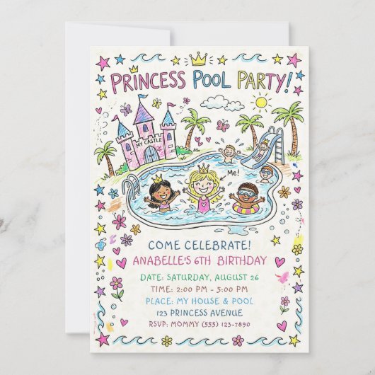 Invitation à la fête de la princesse à la piscine (Devant)