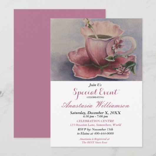 INVITATION À LA FÊTE DE LA THÉIÈRE FUCHSIA ROSÉ (Devant / Derrière)