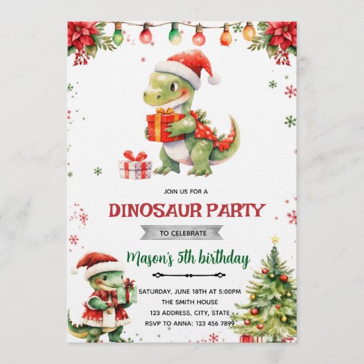 Invitation à la fête de Noël avec dinosaure (Devant)