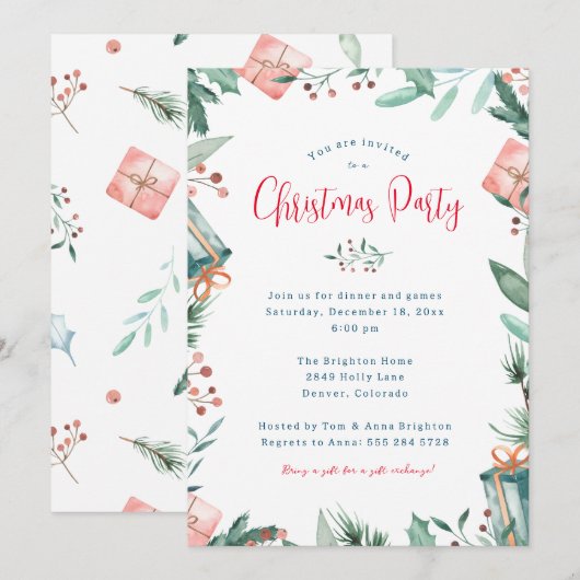 Invitation à la fête de Noël - Cadeau, Berries, Ho (Devant / Derrière)