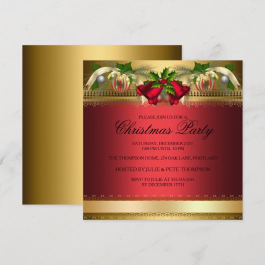 Invitation à la fête de Noël Cloches et Boules Rou (Devant / Derrière)