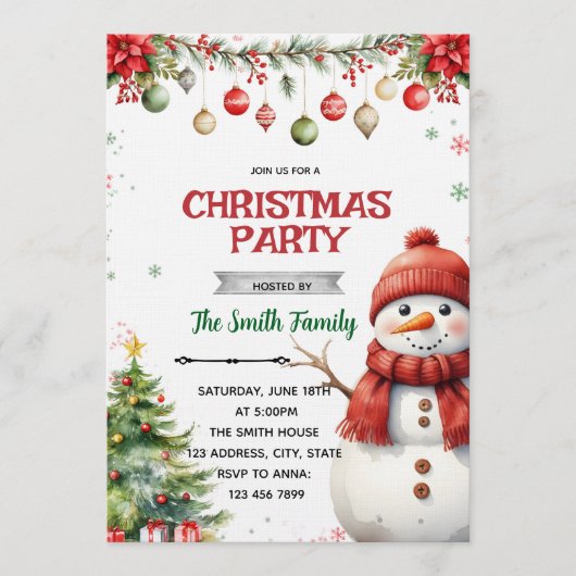Invitation à la fête de Noël de bonhomme de neige (Devant)