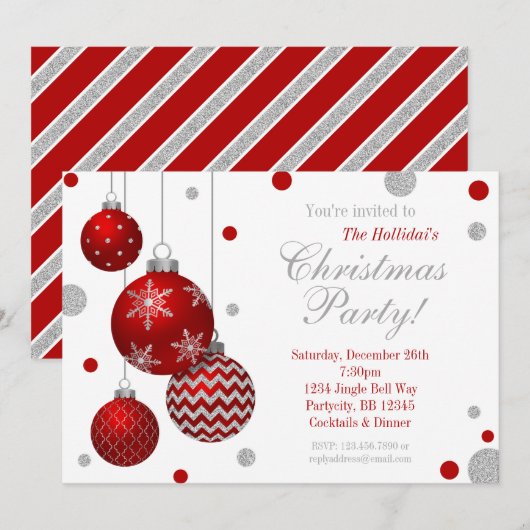 Invitation à la fête de Noël des Baubles rouges et (Devant / Derrière)