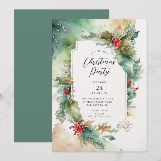 Invitation à la fête de Noël Holly & Berries (Devant / Derrière)