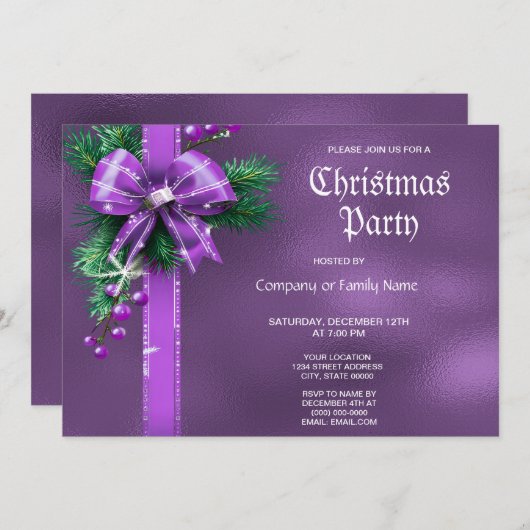 Invitation à la fête de Noël Purple Bow (Devant / Derrière)