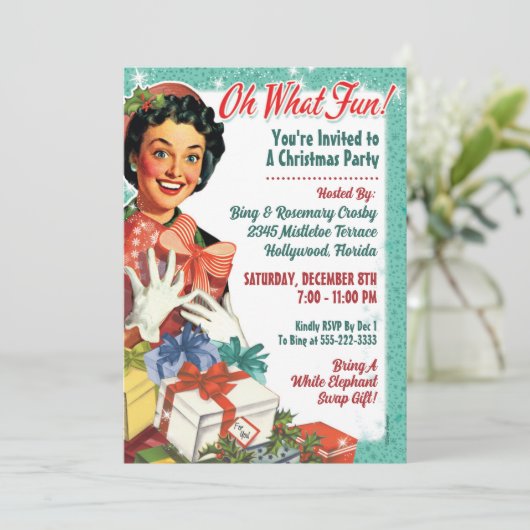Invitation à la fête de Noël rétro Gal - Oh quelle (Debout devant)