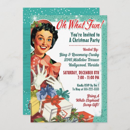 Invitation à la fête de Noël rétro Gal - Oh quelle (Devant / Derrière)