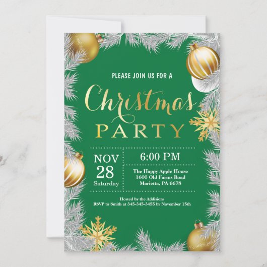 Invitation à la fête de Noël verte et or (Devant)