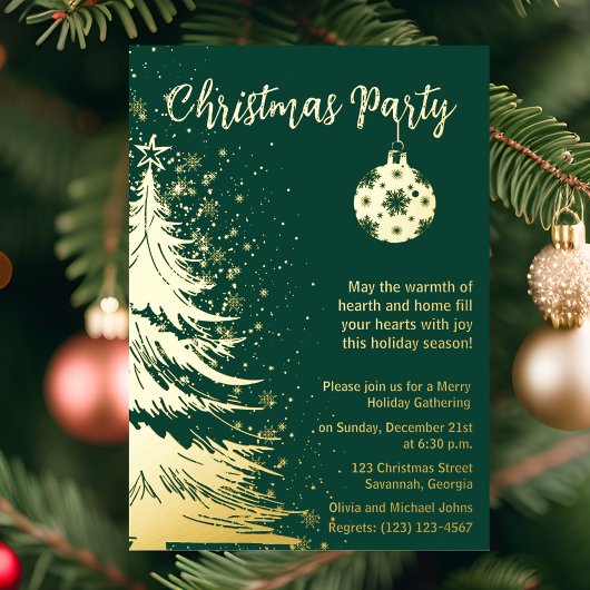 Invitation à la fête de Noël verte et or