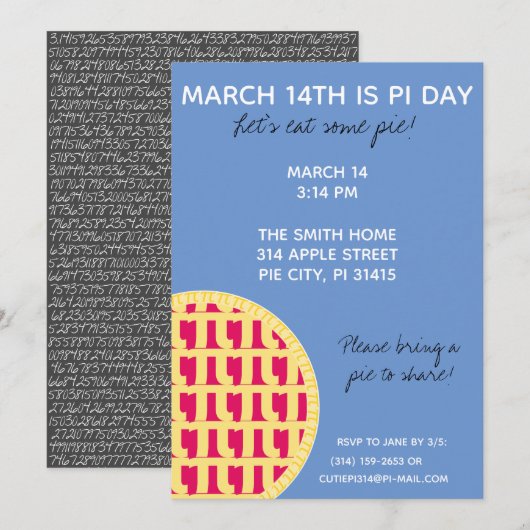 Invitation à la fête de Pi Day avec Chiffres Pi su (Devant / Derrière)