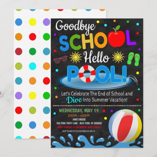 Invitation à la fête de piscine Adieu l'école Bonj (Devant / Derrière)