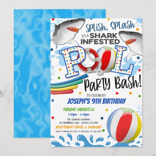 Invitation à la fête de piscine Shark Attack (Devant / Derrière)
