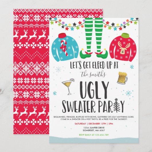 Invitation à la fête de Sweater moche Noël Elfed U (Devant / Derrière)