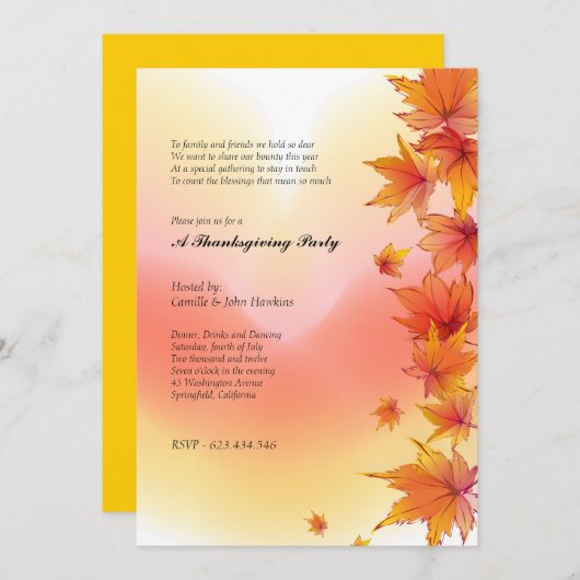 Invitation à la fête de Thanksgiving avec feuilles (Devant / Derrière)