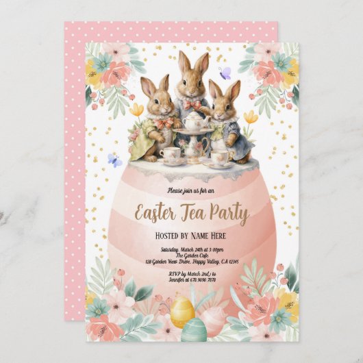 Invitation à la fête de thé de Pâques. Lapin aquar (Devant / Derrière)
