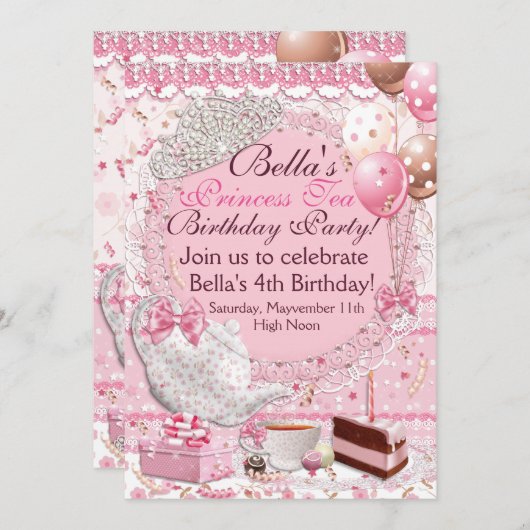 Invitation à la fête de thé de princesse (Devant / Derrière)