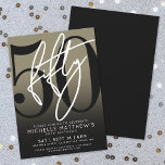 Invitation à la fête des 50 ans de Black Gold<br><div class="desc">Célébrez cinquante ans avec style grâce à cette invitation moderne pour un 50e anniversaire. Le design présente un fond en faux or superposé à un dégradé gris-noir élégant pour un look élégant et accrocheur. Un grand "50" noir s'étend sur la majeure partie de la carte, avec un "Cinquante" blanc écrit...</div>