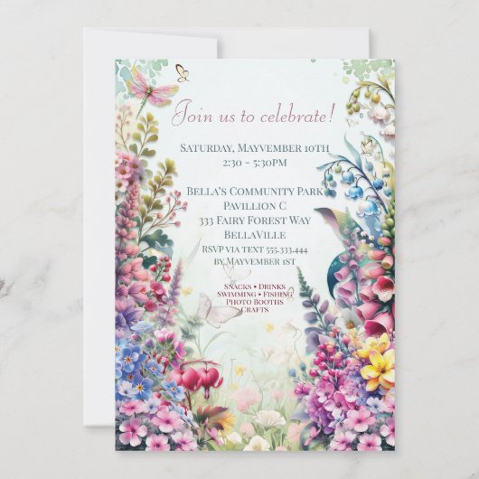 Invitation à la fête des fées des fleurs enchantée (Dos)