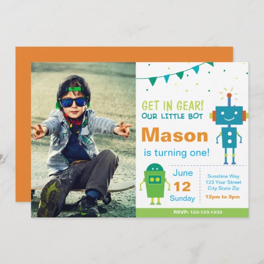 Invitation à la fête des robots bleus avec photo (Devant / Derrière)