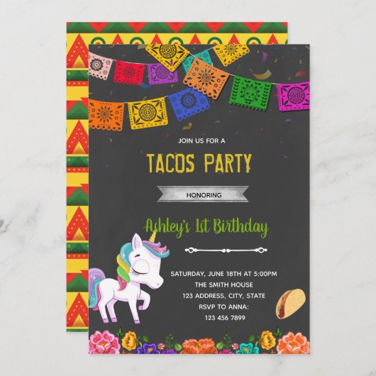 Invitation à la fête des tacos de licorne (Devant / Derrière)
