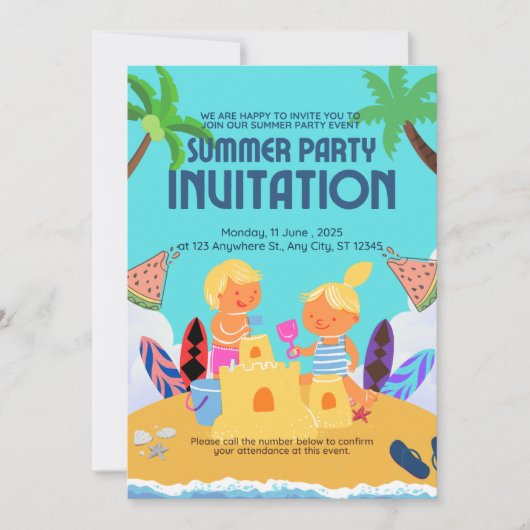 Invitation à la fête d'été de la plage des enfants (Devant)