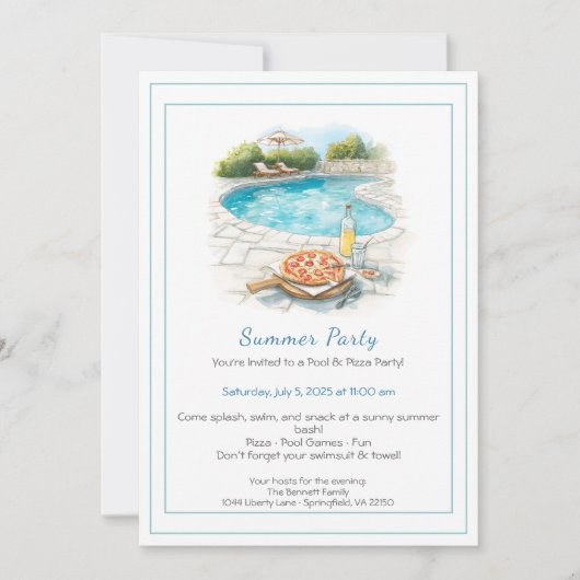 Invitation à la fête d'été Piscine & Pizza (Devant)