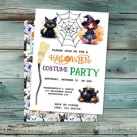Invitation À La Fête D'Halloween Chat Sorcière Et 