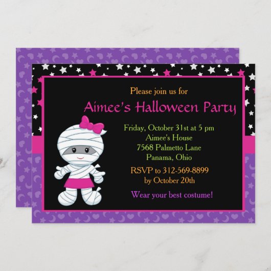 Invitation à la fête d'Halloween de la mignonne fi (Devant / Derrière)