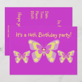 Invitation à la fête du 14e anniversaire, papillon (Devant / Derrière)
