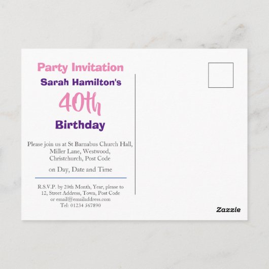 Invitation à la fête du 40e anniversaire (Dos)