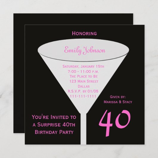 Invitation à la fête du 40e anniversaire Surprise (Devant / Derrière)