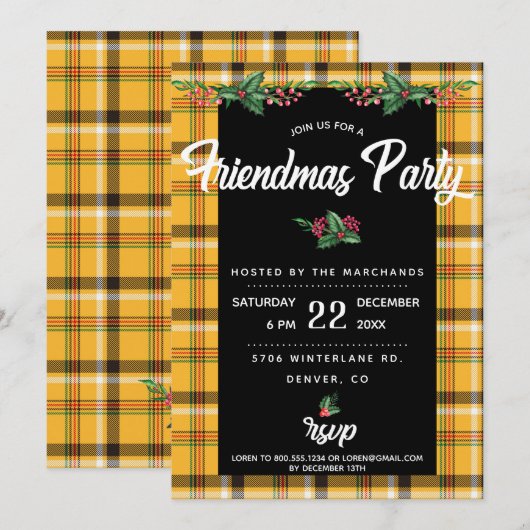 Invitation à la fête Friendsmas à carreaux jaune t (Devant / Derrière)