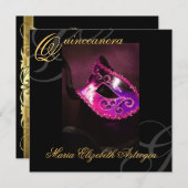 Invitation à la fête Masquerade Mask Pink Quincean (Devant / Derrière)