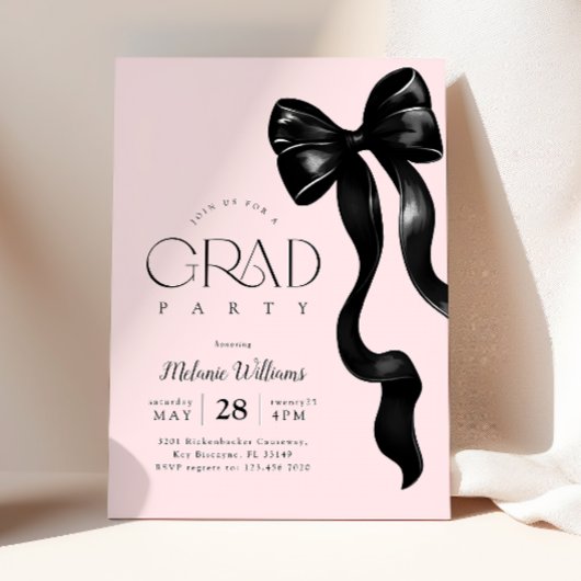 Invitation à la fête noire Bow Pink Grad Party